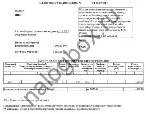 Налоговое уведомление об уплате налога на имущество физических лиц